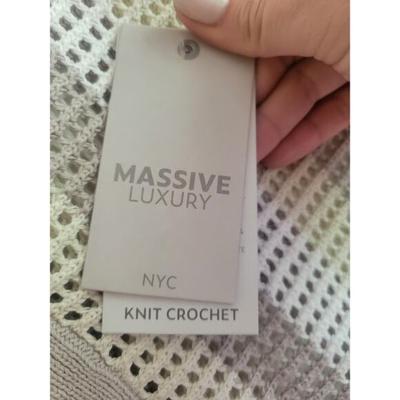 Massive Luxury Crochet Knit Polo Shirt Beige Striped Button Up  M Cotton - Picture 7 of 7